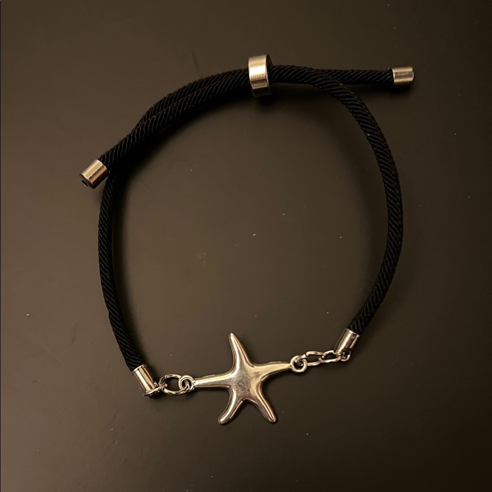 Hand Crafted Black Cord Bracelet with Silver Starfish